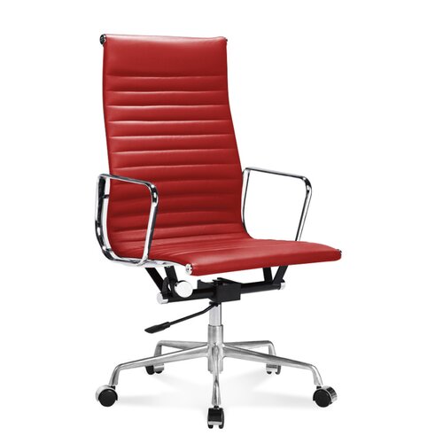 Hoher Eames Office Chair mit geripptem, rotem Leder