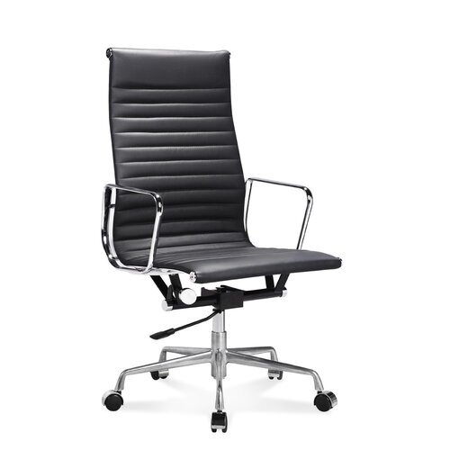 Hoher Eames Office Chair mit geripptem, schwarzem Leder